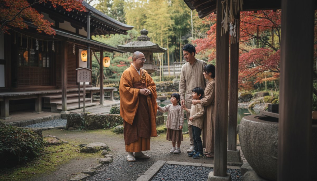 横浜の寺院墓地で住職と話す家族の様子