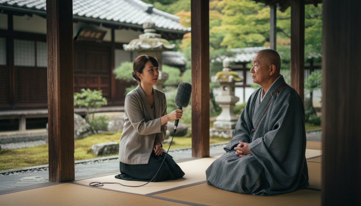寺院墓地を取材する編集長の様子