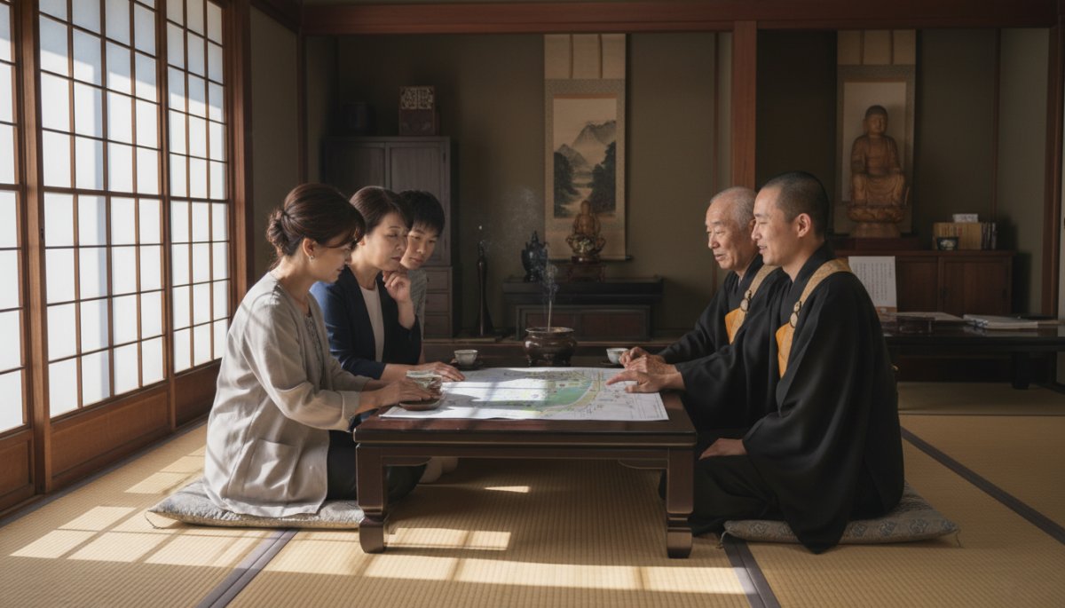 お墓契約の相談をする家族と寺院関係者