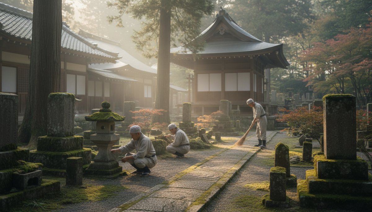 寺院墓地の管理体制 住職が境内を清掃する様子