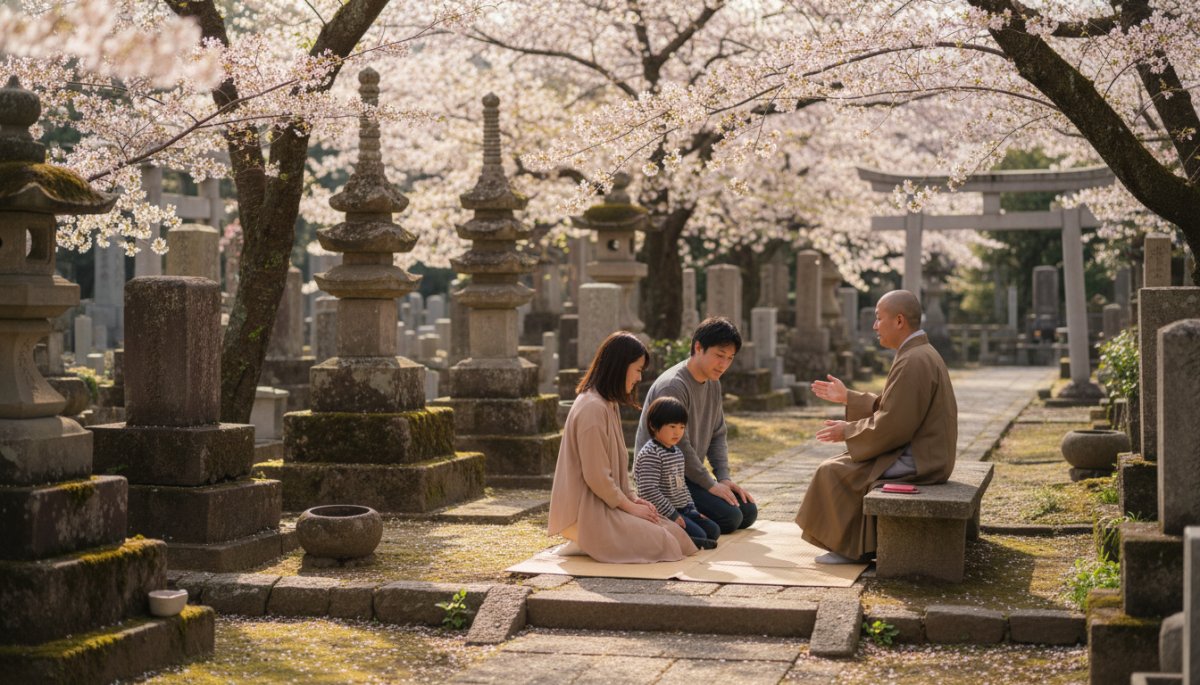 神奈川県の寺院墓地と住職の対話風景