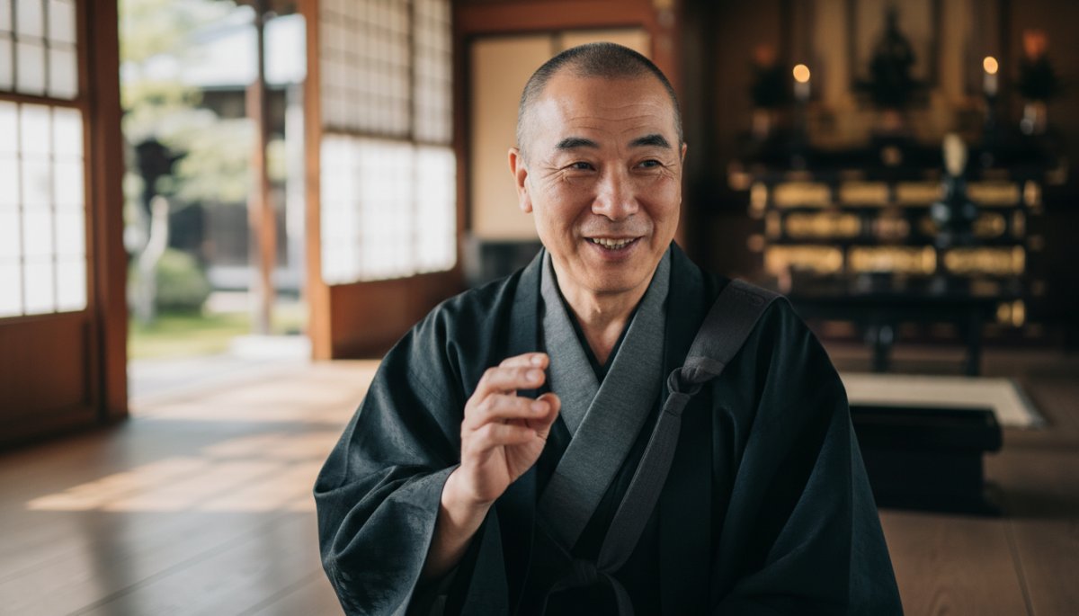 寺院の住職が優しく説明する様子