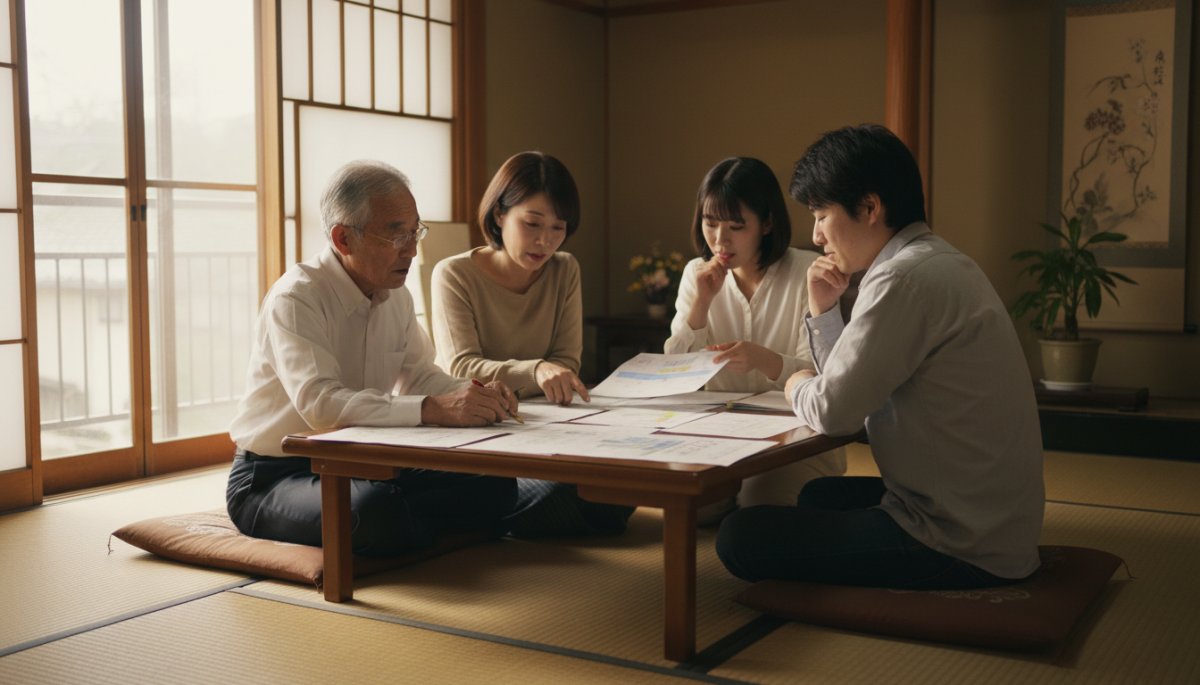 お墓の費用明細を確認する家族