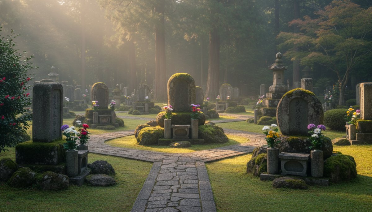 手入れの行き届いた寺院墓地の風景