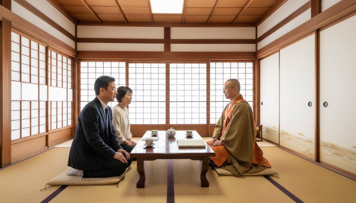 寺院で住職と相談する様子