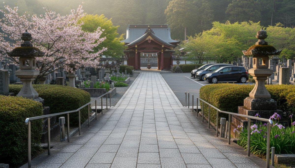 神奈川県の寺院墓地へのアクセス道と駐車場