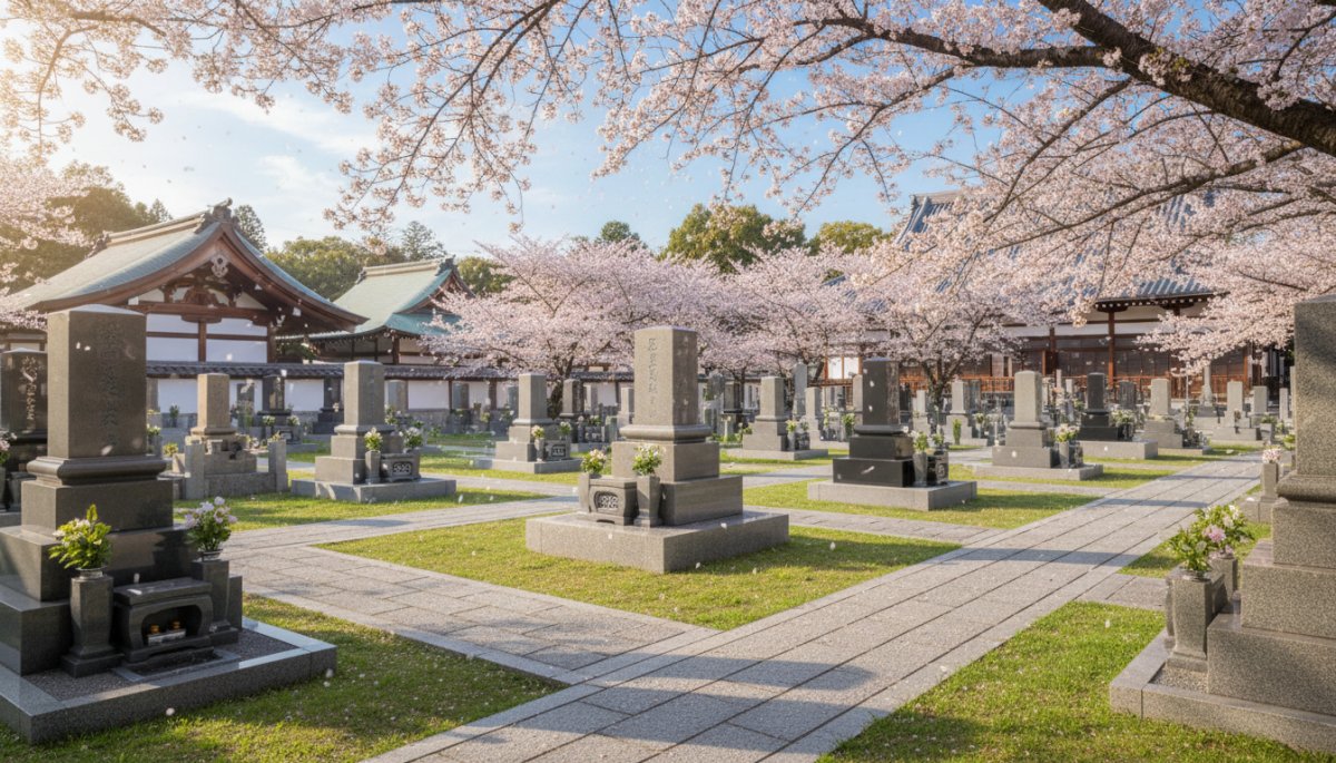 日当たりの良い神奈川県の寺院墓地と季節の風景