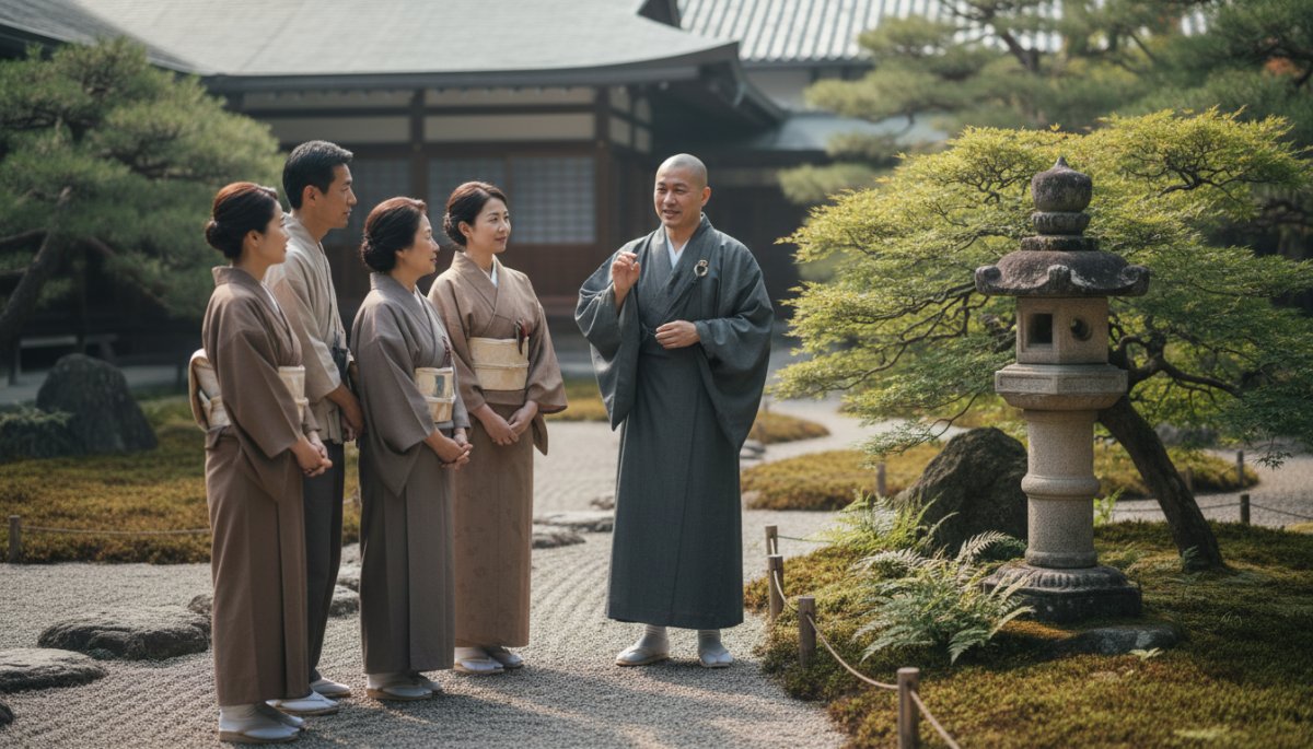 寺院境内で住職と檀家が語り合う