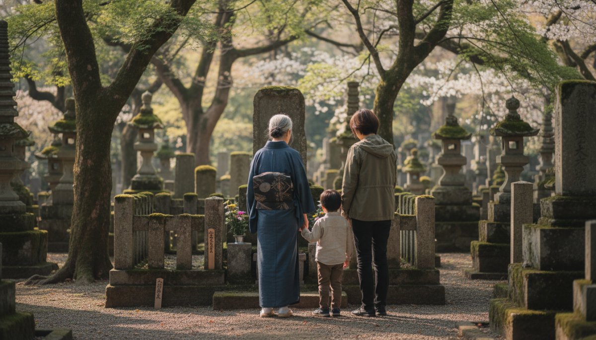 お墓参りをする家族の後ろ姿