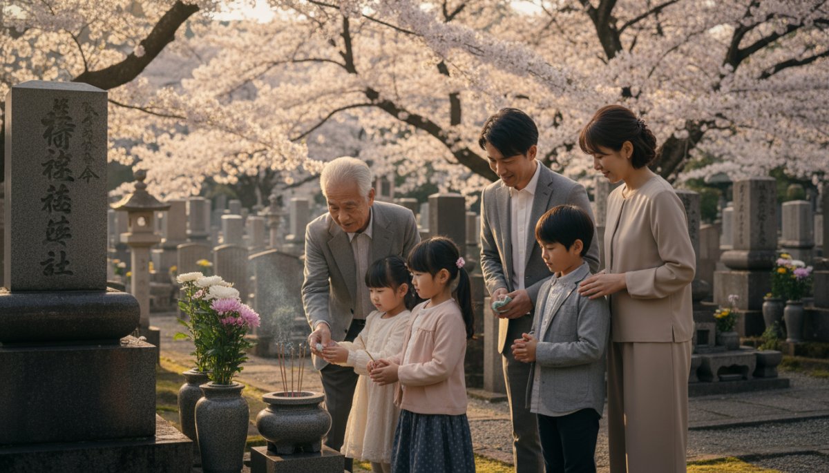 家族三世代でお墓参りをする安心の様子