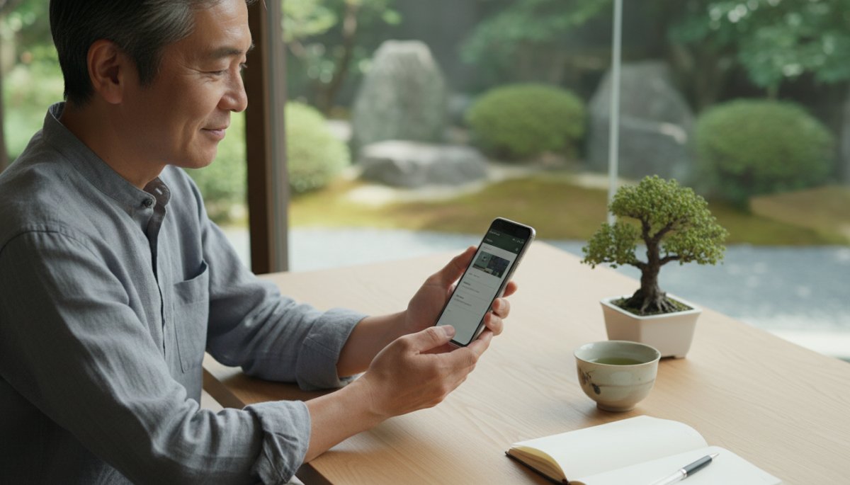 スマートフォンで寺院情報を確認する様子