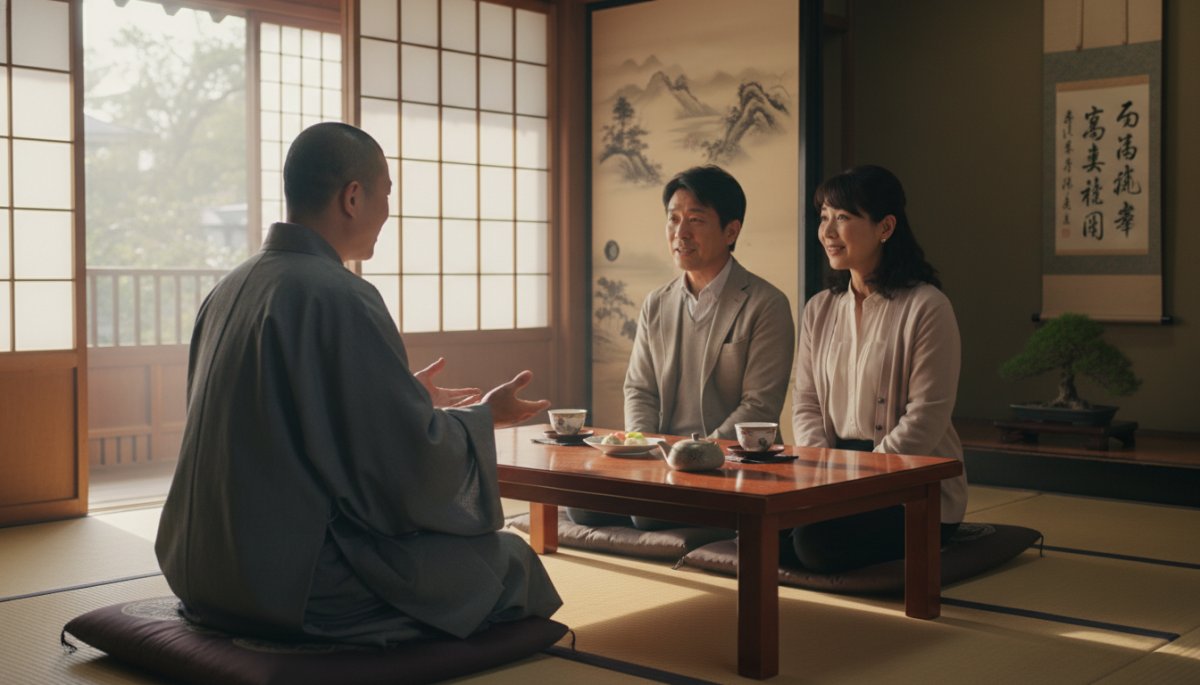 住職と檀家が対話している温かいシーン