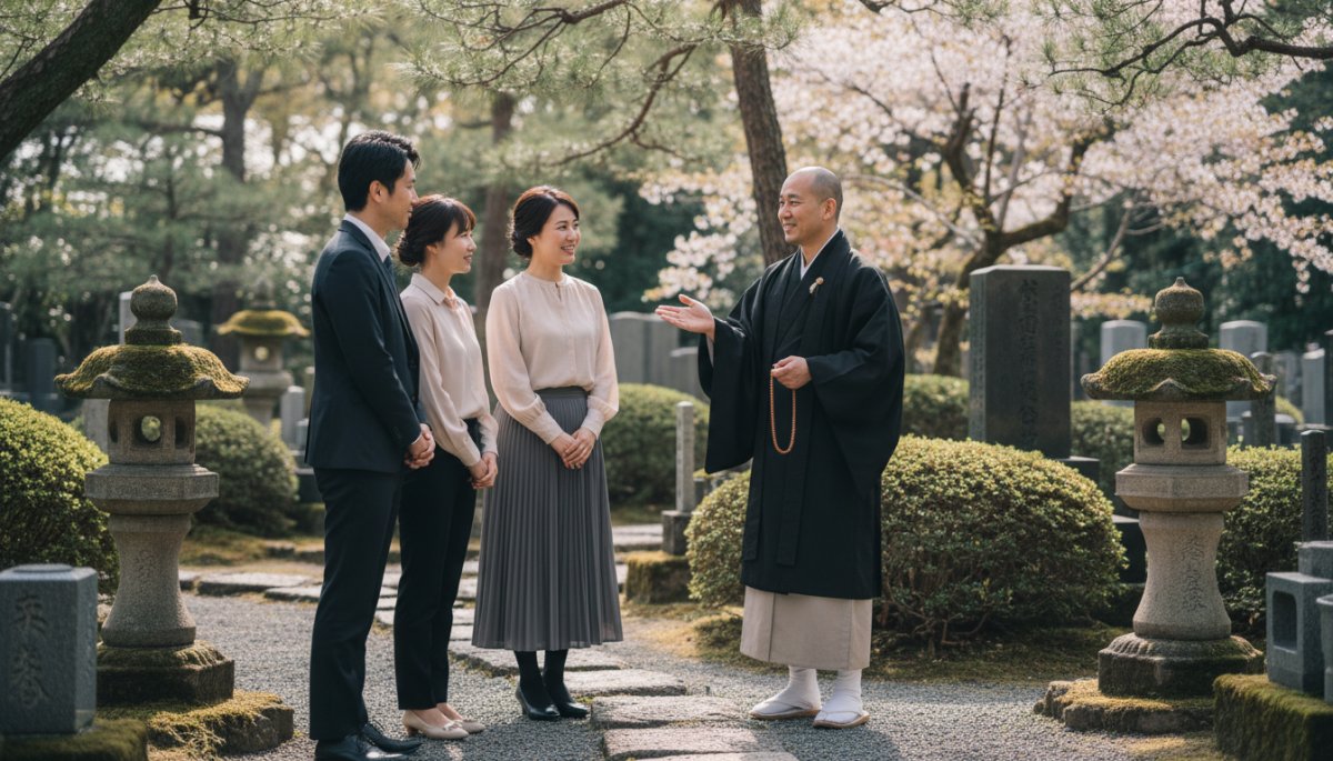 住職と話す家族の様子