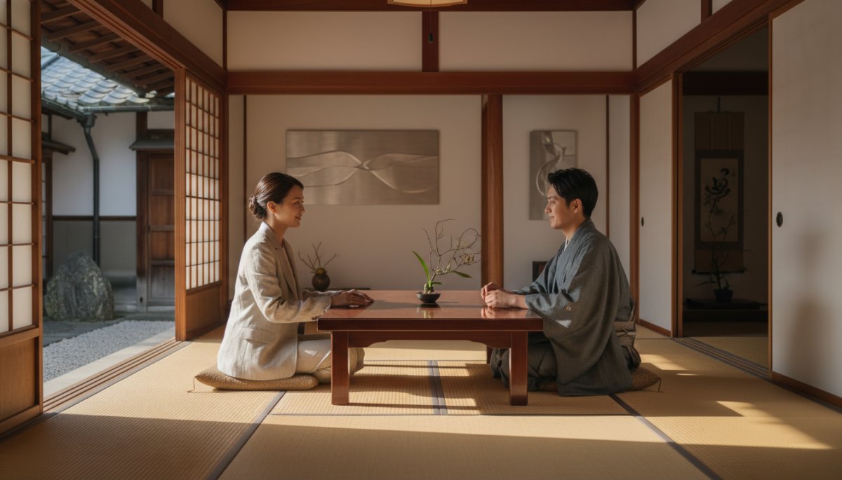 寺院の住職と対話する様子