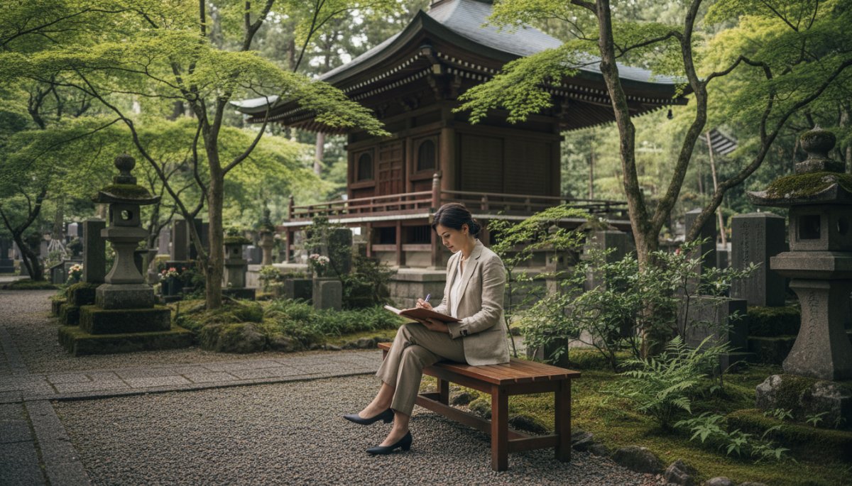 寺院墓地を取材する編集者の様子