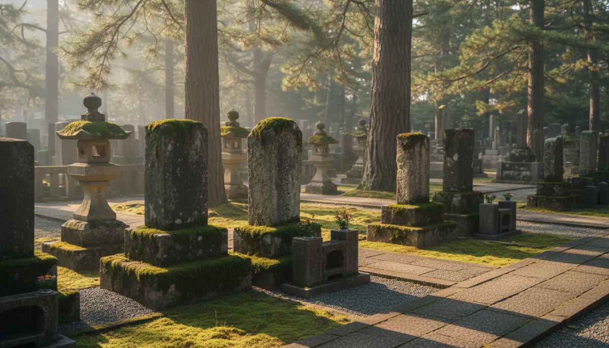 寺院墓地で相談する家族の様子