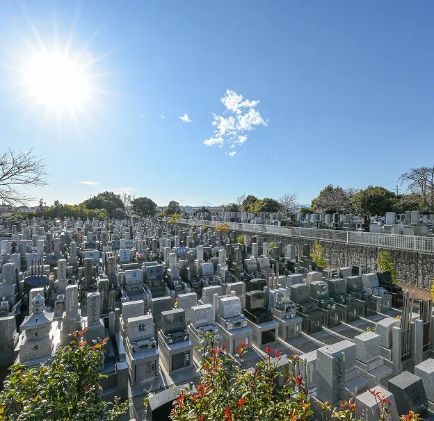 美しい青空とともに立ち並ぶ丁寧に整備された墓地
